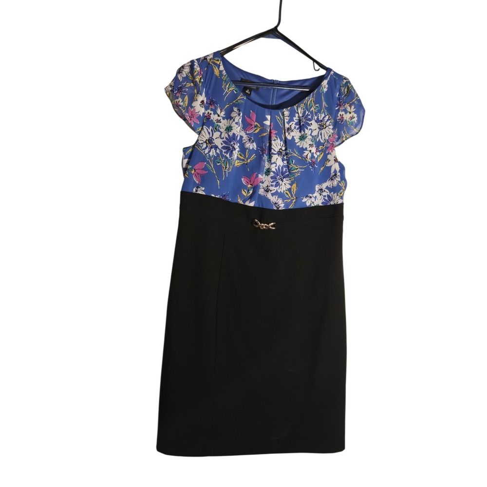 Alyx Dress Womens 12 Blue Floral Flutter Sleeve Sheath Pencil Dress Black Skirt